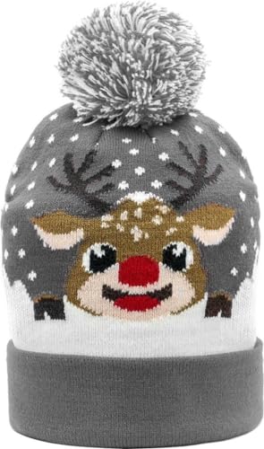 JAP Weihnachtsmütze mit LED-Leuchten - Rudolf Oh Deer - Beanie - Wintermütze mit Pompom - Mütze mit LED licht - Unisex - Grau von JAP Christmas