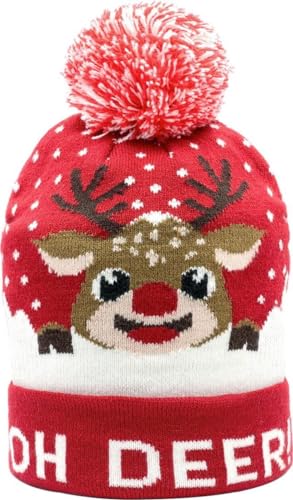 JAP Weihnachtsmütze mit LED-Leuchten - Rudolf Oh Deer - Beanie - Wintermütze mit Pompom -Mütze mit LED licht - Unisex - Rot von JAP Christmas