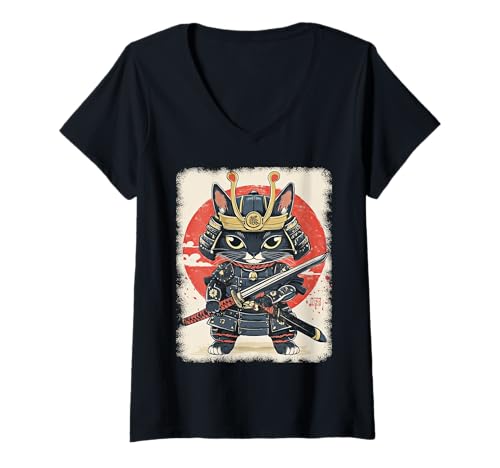 Damen Asiatische Samurai Ninja Katze Japan China Asien T-Shirt mit V-Ausschnitt Damen Asiatische Samurai Ninja Katze Japan China Asien T-Shirt mit V-Ausschnitt von JAPANESE ART DESIGN Outfits für Kunstliebhaber