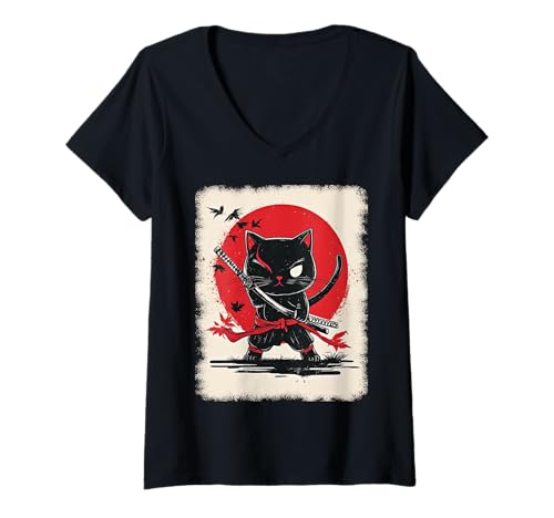 Damen Asiatische Samurai Ninja Katze Japan China Asien T-Shirt mit V-Ausschnitt Damen Asiatische Samurai Ninja Katze Japan China Asien T-Shirt mit V-Ausschnitt von JAPANESE ART DESIGN Outfits für Kunstliebhaber