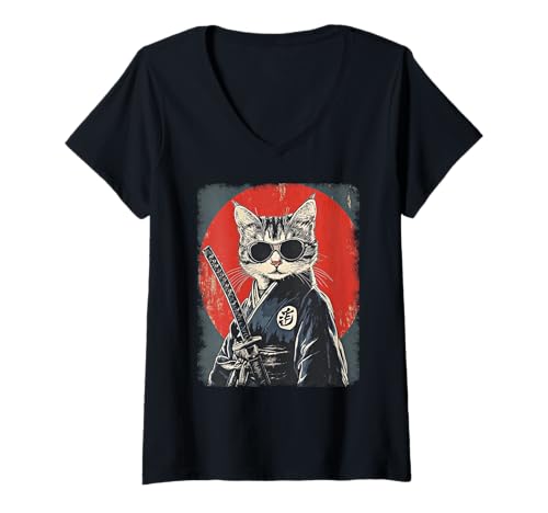 Damen Asiatische Samurai Ninja Katze Japan China Asien T-Shirt mit V-Ausschnitt Damen Asiatische Samurai Ninja Katze Japan China Asien T-Shirt mit V-Ausschnitt von JAPANESE ART DESIGN Outfits für Kunstliebhaber
