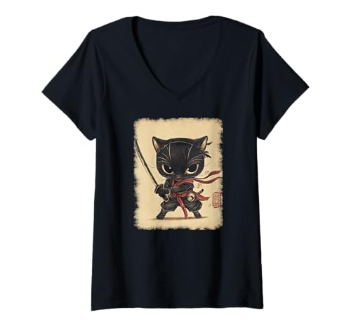 Damen Asiatische Samurai Ninja Katze Japan China Asien T-Shirt mit V-Ausschnitt Damen Asiatische Samurai Ninja Katze Japan China Asien T-Shirt mit V-Ausschnitt von JAPANESE ART DESIGN Outfits für Kunstliebhaber