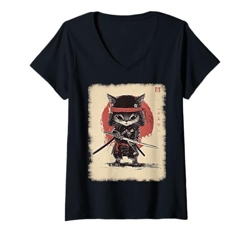 Damen Asiatische Samurai Ninja Katze Japan China Asien T-Shirt mit V-Ausschnitt Damen Asiatische Samurai Ninja Katze Japan China Asien T-Shirt mit V-Ausschnitt von JAPANESE ART DESIGN Outfits für Kunstliebhaber