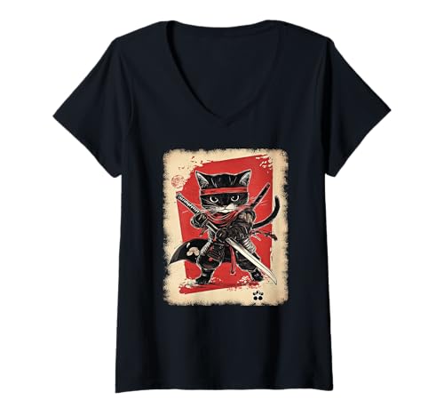 Damen Asiatische Samurai Ninja Katze Japan China Asien T-Shirt mit V-Ausschnitt Damen Asiatische Samurai Ninja Katze Japan China Asien T-Shirt mit V-Ausschnitt von JAPANESE ART DESIGN Outfits für Kunstliebhaber
