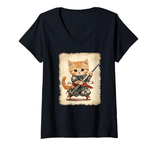 Damen Asiatische Samurai Ninja Katze Japan China Asien T-Shirt mit V-Ausschnitt Damen Asiatische Samurai Ninja Katze Japan China Asien T-Shirt mit V-Ausschnitt von JAPANESE ART DESIGN Outfits für Kunstliebhaber