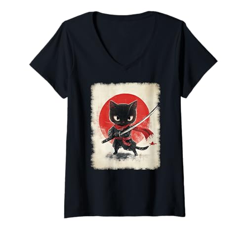 Damen Asiatische Samurai Ninja Katze Japan China Asien T-Shirt mit V-Ausschnitt Damen Asiatische Samurai Ninja Katze Japan China Asien T-Shirt mit V-Ausschnitt von JAPANESE ART DESIGN Outfits für Kunstliebhaber