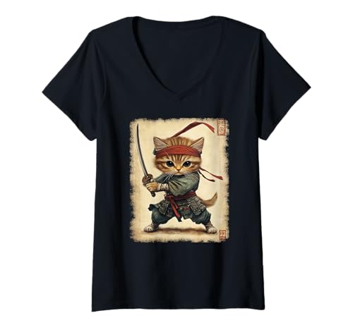 Damen Asiatische Samurai Ninja Katze Japan China Asien T-Shirt mit V-Ausschnitt Damen Asiatische Samurai Ninja Katze Japan China Asien T-Shirt mit V-Ausschnitt von JAPANESE ART DESIGN Outfits für Kunstliebhaber