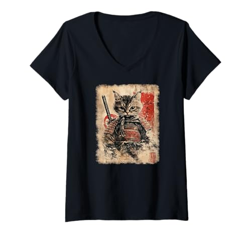 Damen Asiatische Samurai Ninja Katze Japan China Asien T-Shirt mit V-Ausschnitt Damen Asiatische Samurai Ninja Katze Japan China Asien T-Shirt mit V-Ausschnitt von JAPANESE ART DESIGN Outfits für Kunstliebhaber