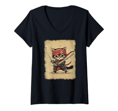 Damen Asiatische Samurai Ninja Katze Japan China Asien T-Shirt mit V-Ausschnitt Damen Asiatische Samurai Ninja Katze Japan China Asien T-Shirt mit V-Ausschnitt von JAPANESE ART DESIGN Outfits für Kunstliebhaber