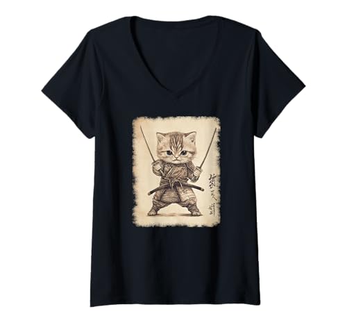 Damen Asiatische Samurai Ninja Katze Japan China Asien T-Shirt mit V-Ausschnitt von JAPANESE ART DESIGN Outfits für Kunstliebhaber