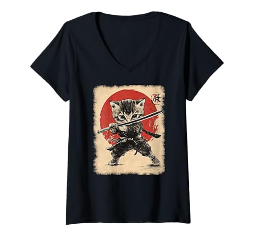 Damen Asiatische Samurai Ninja Katze Japan China Asien T-Shirt mit V-Ausschnitt Damen Asiatische Samurai Ninja Katze Japan China Asien T-Shirt mit V-Ausschnitt von JAPANESE ART DESIGN Outfits für Kunstliebhaber