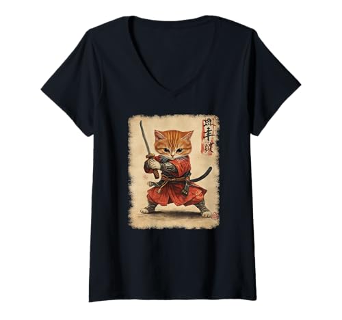Damen Asiatische Samurai Ninja Katze Japan China Asien T-Shirt mit V-Ausschnitt Damen Asiatische Samurai Ninja Katze Japan China Asien T-Shirt mit V-Ausschnitt von JAPANESE ART DESIGN Outfits für Kunstliebhaber
