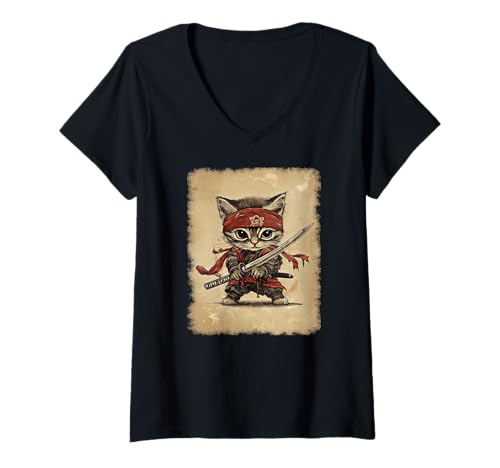 Damen Asiatische Samurai Ninja Katze Japan China Asien T-Shirt mit V-Ausschnitt Damen Asiatische Samurai Ninja Katze Japan China Asien T-Shirt mit V-Ausschnitt von JAPANESE ART DESIGN Outfits für Kunstliebhaber