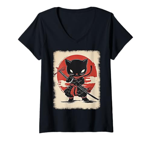 Damen Asiatische Samurai Ninja Katze Japan China Asien T-Shirt mit V-Ausschnitt Damen Asiatische Samurai Ninja Katze Japan China Asien T-Shirt mit V-Ausschnitt von JAPANESE ART DESIGN Outfits für Kunstliebhaber