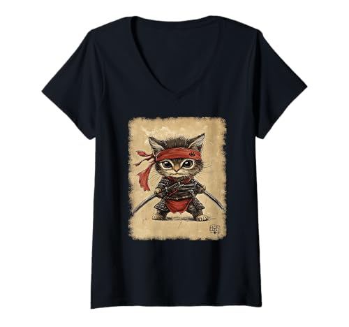 Damen Asiatische Samurai Ninja Katze Japan China Asien T-Shirt mit V-Ausschnitt Damen Asiatische Samurai Ninja Katze Japan China Asien T-Shirt mit V-Ausschnitt von JAPANESE ART DESIGN Outfits für Kunstliebhaber