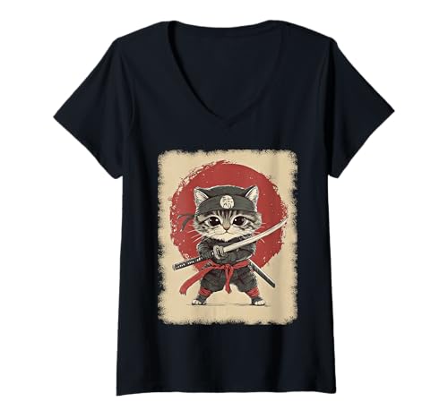 Damen Asiatische Samurai Ninja Katze Japan China Asien T-Shirt mit V-Ausschnitt von JAPANESE ART DESIGN Outfits für Kunstliebhaber