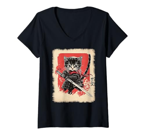 Damen Asiatische Samurai Ninja Katze Japan China Asien T-Shirt mit V-Ausschnitt Damen Asiatische Samurai Ninja Katze Japan China Asien T-Shirt mit V-Ausschnitt von JAPANESE ART DESIGN Outfits für Kunstliebhaber