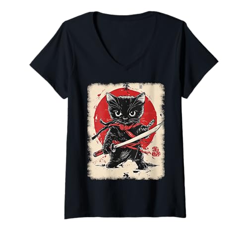 Damen Asiatische Samurai Ninja Katze Japan China Asien T-Shirt mit V-Ausschnitt Damen Asiatische Samurai Ninja Katze Japan China Asien T-Shirt mit V-Ausschnitt von JAPANESE ART DESIGN Outfits für Kunstliebhaber