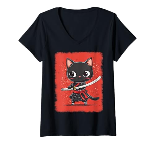 Damen Asiatische Samurai Ninja Katze Japan China Asien T-Shirt mit V-Ausschnitt Damen Asiatische Samurai Ninja Katze Japan China Asien T-Shirt mit V-Ausschnitt von JAPANESE ART DESIGN Outfits für Kunstliebhaber