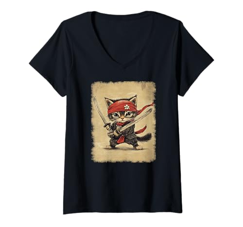 Damen Asiatische Samurai Ninja Katze Japan China Asien T-Shirt mit V-Ausschnitt von JAPANESE ART DESIGN Outfits für Kunstliebhaber