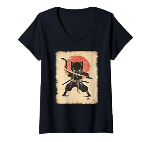 Damen Asiatische Samurai Ninja Katze Japan China Asien T-Shirt mit V-Ausschnitt Damen Asiatische Samurai Ninja Katze Japan China Asien T-Shirt mit V-Ausschnitt von JAPANESE ART DESIGN Outfits für Kunstliebhaber