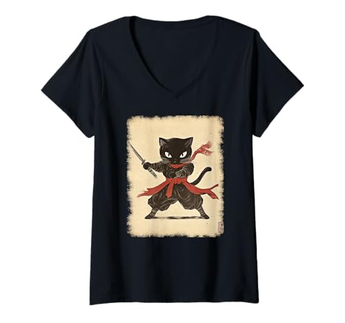 Damen Asiatische Samurai Ninja Katze Japan China Asien T-Shirt mit V-Ausschnitt Damen Asiatische Samurai Ninja Katze Japan China Asien T-Shirt mit V-Ausschnitt von JAPANESE ART DESIGN Outfits für Kunstliebhaber