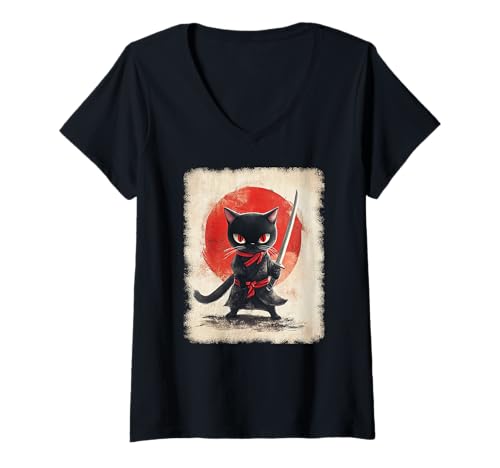 Damen Asiatische Samurai Ninja Katze Japan China Asien T-Shirt mit V-Ausschnitt Damen Asiatische Samurai Ninja Katze Japan China Asien T-Shirt mit V-Ausschnitt von JAPANESE ART DESIGN Outfits für Kunstliebhaber
