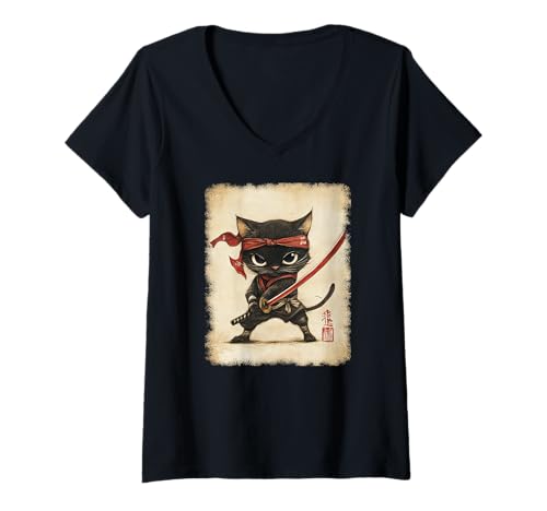 Damen Asiatische Samurai Ninja Katze Japan China Asien T-Shirt mit V-Ausschnitt Damen Asiatische Samurai Ninja Katze Japan China Asien T-Shirt mit V-Ausschnitt von JAPANESE ART DESIGN Outfits für Kunstliebhaber