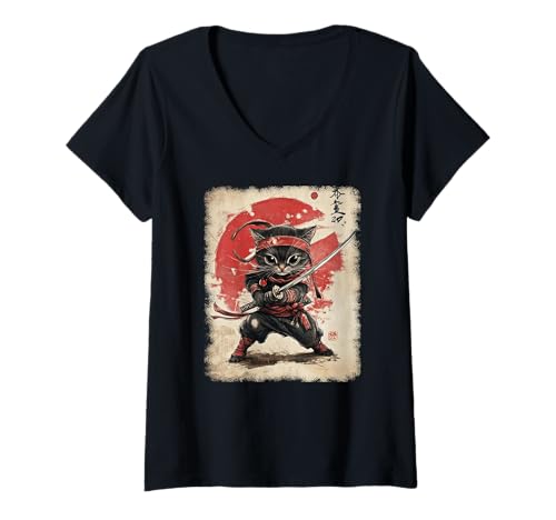 Damen Asiatische Samurai Ninja Katze Japan China Asien T-Shirt mit V-Ausschnitt Damen Asiatische Samurai Ninja Katze Japan China Asien T-Shirt mit V-Ausschnitt von JAPANESE ART DESIGN Outfits für Kunstliebhaber