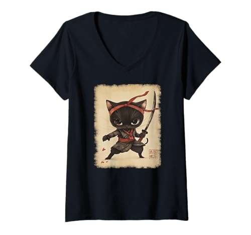 Damen Asiatische Samurai Ninja Katze Japan China Asien T-Shirt mit V-Ausschnitt Damen Asiatische Samurai Ninja Katze Japan China Asien T-Shirt mit V-Ausschnitt von JAPANESE ART DESIGN Outfits für Kunstliebhaber