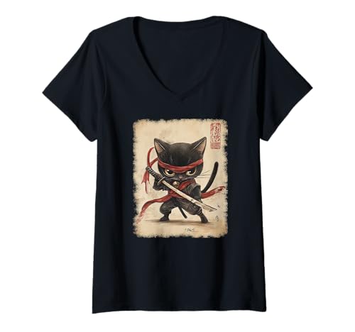 Damen Asiatische Samurai Ninja Katze Japan China Asien T-Shirt mit V-Ausschnitt Damen Asiatische Samurai Ninja Katze Japan China Asien T-Shirt mit V-Ausschnitt von JAPANESE ART DESIGN Outfits für Kunstliebhaber