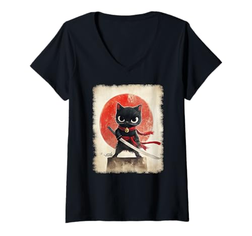 Damen Asiatische Samurai Ninja Katze Japan China Asien T-Shirt mit V-Ausschnitt Damen Asiatische Samurai Ninja Katze Japan China Asien T-Shirt mit V-Ausschnitt von JAPANESE ART DESIGN Outfits für Kunstliebhaber