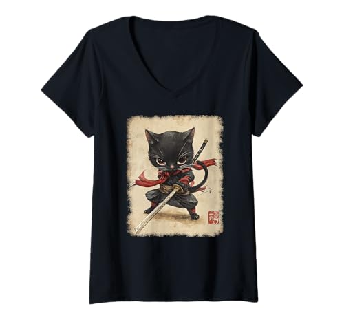 Damen Asiatische Samurai Ninja Katze Japan China Asien T-Shirt mit V-Ausschnitt Damen Asiatische Samurai Ninja Katze Japan China Asien T-Shirt mit V-Ausschnitt von JAPANESE ART DESIGN Outfits für Kunstliebhaber