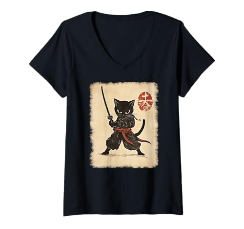 Damen Asiatische Samurai Ninja Katze Japan China Asien T-Shirt mit V-Ausschnitt Damen Asiatische Samurai Ninja Katze Japan China Asien T-Shirt mit V-Ausschnitt von JAPANESE ART DESIGN Outfits für Kunstliebhaber