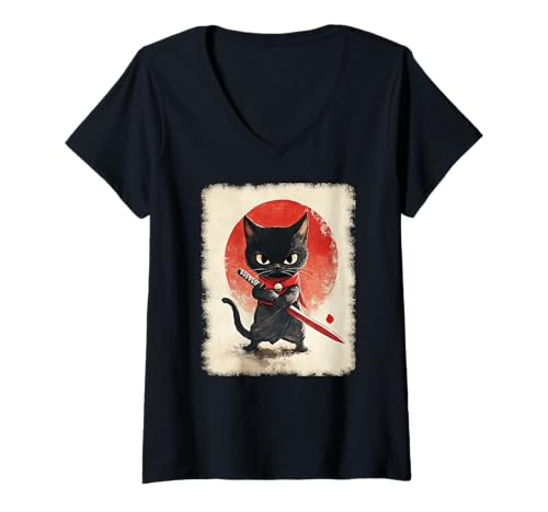 Damen Asiatische Samurai Ninja Katze Japan China Asien T-Shirt mit V-Ausschnitt Damen Asiatische Samurai Ninja Katze Japan China Asien T-Shirt mit V-Ausschnitt von JAPANESE ART DESIGN Outfits für Kunstliebhaber