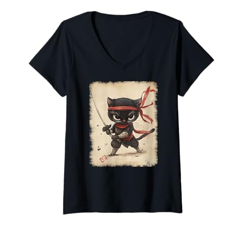 Damen Asiatische Samurai Ninja Katze Japan China Asien T-Shirt mit V-Ausschnitt Damen Asiatische Samurai Ninja Katze Japan China Asien T-Shirt mit V-Ausschnitt von JAPANESE ART DESIGN Outfits für Kunstliebhaber