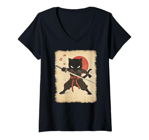 Damen Asiatische Samurai Ninja Katze Japan China Asien T-Shirt mit V-Ausschnitt Damen Asiatische Samurai Ninja Katze Japan China Asien T-Shirt mit V-Ausschnitt von JAPANESE ART DESIGN Outfits für Kunstliebhaber
