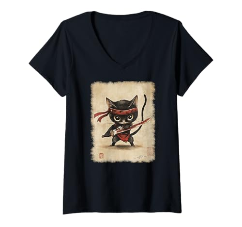 Damen Asiatische Samurai Ninja Katze Japan China Asien T-Shirt mit V-Ausschnitt Damen Asiatische Samurai Ninja Katze Japan China Asien T-Shirt mit V-Ausschnitt von JAPANESE ART DESIGN Outfits für Kunstliebhaber