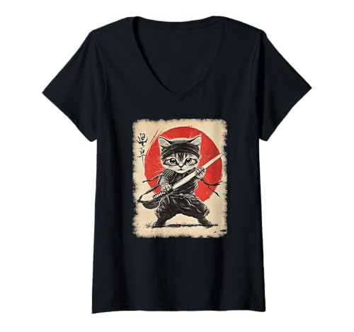 Damen Asiatische Samurai Ninja Katze Japan China Asien T-Shirt mit V-Ausschnitt Damen Asiatische Samurai Ninja Katze Japan China Asien T-Shirt mit V-Ausschnitt von JAPANESE ART DESIGN Outfits für Kunstliebhaber
