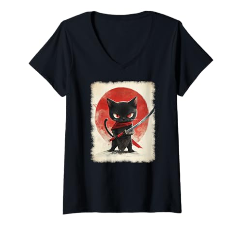 Damen Asiatische Samurai Ninja Katze Japan China Asien T-Shirt mit V-Ausschnitt Damen Asiatische Samurai Ninja Katze Japan China Asien T-Shirt mit V-Ausschnitt von JAPANESE ART DESIGN Outfits für Kunstliebhaber