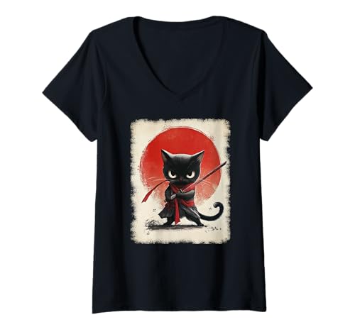 Damen Asiatische Samurai Ninja Katze Japan China Asien T-Shirt mit V-Ausschnitt Damen Asiatische Samurai Ninja Katze Japan China Asien T-Shirt mit V-Ausschnitt von JAPANESE ART DESIGN Outfits für Kunstliebhaber