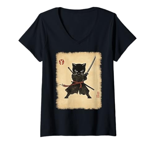 Damen Asiatische Samurai Ninja Katze Japan China Asien T-Shirt mit V-Ausschnitt von JAPANESE ART DESIGN Outfits für Kunstliebhaber