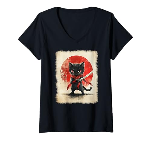 Damen Asiatische Samurai Ninja Katze Japan China Asien T-Shirt mit V-Ausschnitt Damen Asiatische Samurai Ninja Katze Japan China Asien T-Shirt mit V-Ausschnitt von JAPANESE ART DESIGN Outfits für Kunstliebhaber