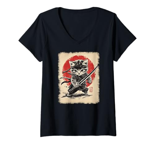 Damen Asiatische Samurai Ninja Katze Japan China Asien T-Shirt mit V-Ausschnitt Damen Asiatische Samurai Ninja Katze Japan China Asien T-Shirt mit V-Ausschnitt von JAPANESE ART DESIGN Outfits für Kunstliebhaber