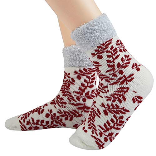 JARSEEN 2 Paar Damen Kuschelsocken Thermosocken Dicke Vollplüsch und Wolle Warme Winter Weihnachtssocken mit Grußkarte (2 Rot Blätter, EU 36-42) von JARSEEN