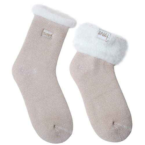 JARSEEN 2 Paar Damen Thermosocken Kuschelsocken Winter Warme Dicke Süß Haussocken Mit Vollplüsch und Wolle (2 Khaki, EU 36-42) von JARSEEN