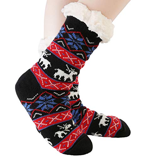 JARSEEN Kuschelsocken Winter Warme Socken Stoppersocken Hausschuhe Weihnachten mit ABS Rutschfest Damen Herren (EU 36-42, Hirsch Schwarz) von JARSEEN