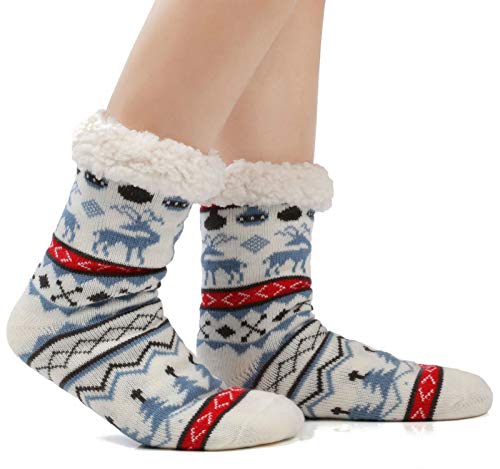 JARSEEN Kuschelsocken Winter Warme Socken Stoppersocken Hausschuhe Weihnachten mit ABS Rutschfest Damen Herren (EU 36-42, Hirsch Blau) von JARSEEN