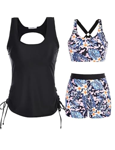 BadeanzüGe FüR MäDchen,3-Teiliger Tankini Damen Bauchweg, Push-Up-Bikinioberteil Und High Waist Badeshorts , Einfache Badebekleidung, Damen-Sport-Bikini Badeanzug, Bademode FüR Schwimmbad, Strand von JASAMBAC