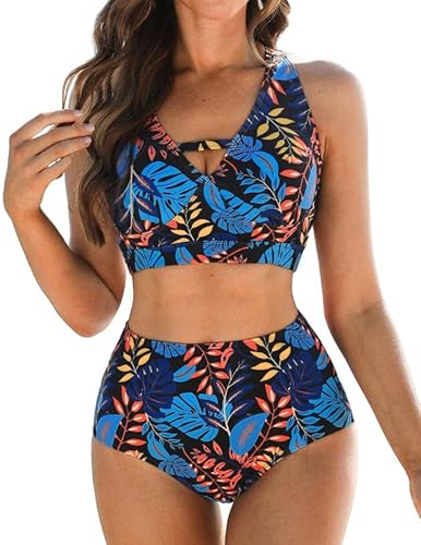 Bikini Damen Set,weicher Badeanzug, V-Ausschnitt Bikini-Oberteile und High Waist Bikini-Unterteile, Cut Out Bademode, bedruckte Badebekleidung, Bauchweg Badeanzüge, gepolsterte Strandbekleidung von JASAMBAC